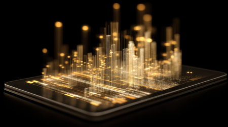 A futuristic digital tablet prominently displays glowing data visualizations in an abstract style, symbolizing modern technology and innovative analytics.の素材