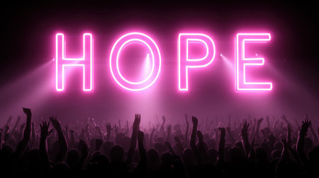 A vibrant neon sign reading "HOPE" shines brightly above a cheering audience at a lively concert, creating an uplifting and energizing atmosphere.の素材