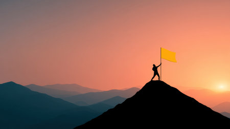 A silhouette of a person planting a yellow flag on a mountain peak during a stunning sunrise, symbolizing achievement and adventure.の素材