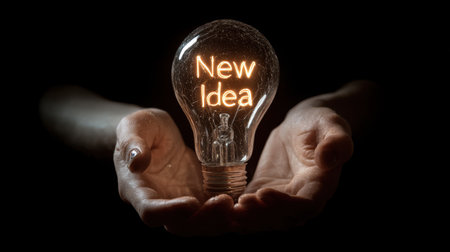 A pair of hands delicately holds a light bulb shining with the phrase "New Idea," embodying creativity, innovation, and potential for growth.の素材