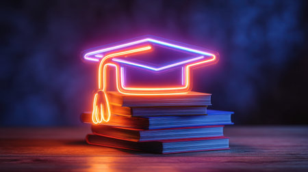A neon graduation cap shines brightly above a stack of books, set on a rustic wooden table. The vibrant colors create a celebratory atmosphere, ideal for educational themes.の素材