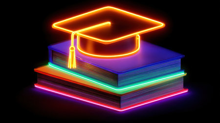This vibrant neon artwork features a graduation cap glowing over a stack of colorful books, symbolizing education and academic success. Perfect for graduation themes!の素材