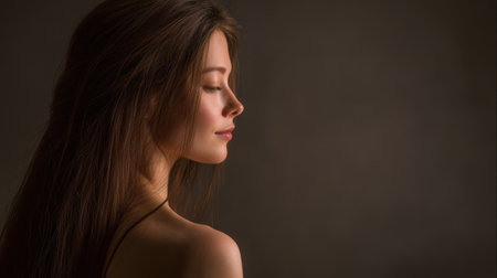 A captivating profile of a young woman with long hair, captured in soft lighting that highlights her serene expression and elegant features against a dark background.の素材