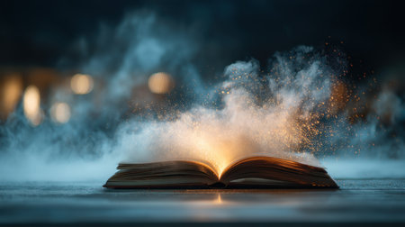 An enchanting scene of an open book radiating a warm, glowing light amidst swirling smoke, evoking feelings of mystery and inspiration.の素材