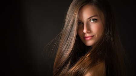 A captivating portrait of a beautiful woman with long, flowing hair, looking over her shoulder with a serene and confident expression against a dark background.の素材