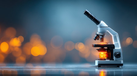 A high-quality image featuring a laboratory microscope set against a soft, blurred bokeh background. The warm lighting creates an inviting atmosphere perfect for themes of science and research.の素材