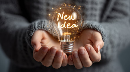 A close-up view of hands gently holding a glowing light bulb with sparkles and the text 'New Idea,' symbolizing creativity and innovation in any project.の素材