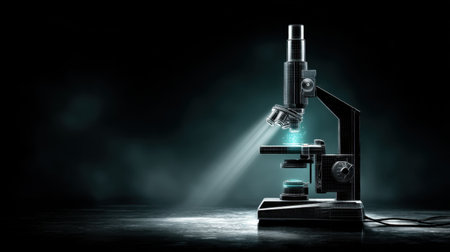 A high-tech laboratory microscope features a sleek design with a glowing blue light, set against a dark background, ideal for scientific exploration.の素材