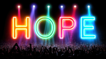 A visually striking neon sign of the word "Hope" shines brightly against a vibrant crowd during a night event, celebrating togetherness and positivity.の素材