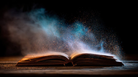 An open book releases a captivating swirl of colorful dust particles, creating a dreamlike and enchanting atmosphere perfect for imaginative storytelling.の素材