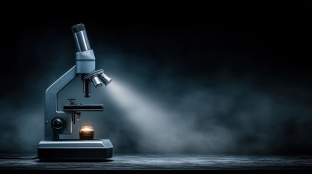 A sleek microscope is positioned with dramatic lighting and a smoky backdrop, symbolizing exploration and discovery in scientific research.の素材