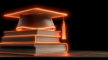 A glowing graduation cap rests on a stack of books, symbolizing academic achievement and the pursuit of knowledge in a darkened environment.の素材