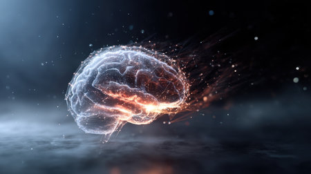 This stunning abstract image depicts a human brain radiating energy and light in a dark, surreal environment, symbolizing creativity and innovation.の素材