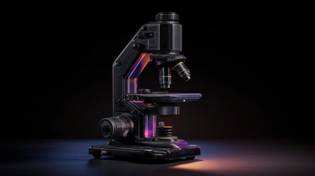 A sleek black microscope featuring vibrant colored lights, set against a dark background, perfect for showcasing scientific discovery and innovation.の素材