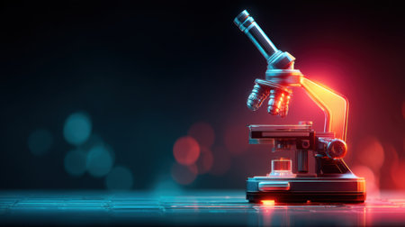 A captivating image of a laboratory microscope featuring vibrant lighting and a soft bokeh background, perfect for conveying scientific exploration and research themes.の素材