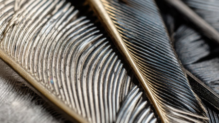 This close-up image captures the mesmerizing details of feather patterns, showcasing intricate textures in stunning silver and black hues.の素材