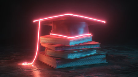 A vibrant neon graduation cap sits atop a stack of colorful books, symbolizing education and achievement in an artistic and modern way.の素材