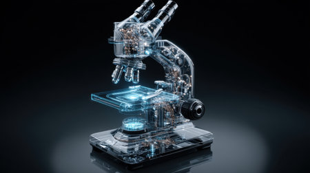 Explore a futuristic transparent microscope showcasing high-tech features and intricate digital elements against a sleek dark backdrop. Perfect for science and technology themes.の素材