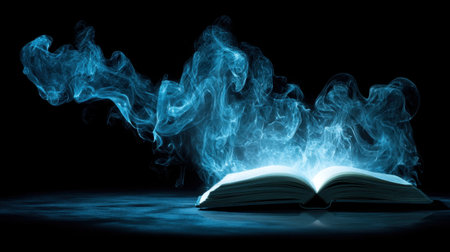 An open book releases vibrant blue smoke and light, creating a mystical atmosphere in a dark setting, perfect for creative expressions.の素材