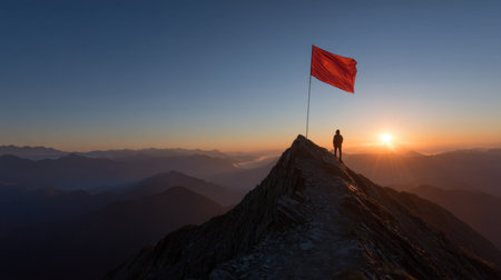 A breathtaking scene capturing a climber silhouetted against a vibrant sunrise atop a rugged mountain peak, flag soaring proudly in the sky.の素材
