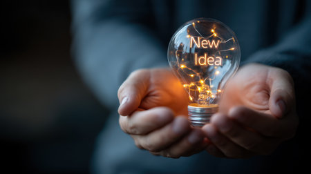 A person holds a glowing light bulb displaying the text "New Idea", representing the essence of creativity and innovation in a softly lit atmosphere.の素材