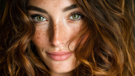 A captivating close-up portrait showcasing a young woman with striking green eyes and charming freckles, framed by beautiful curly hair.の素材