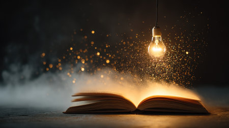 A captivating image of an open book with a hanging light bulb, casting a warm glow and illuminating magical dust particles in the dark.の素材