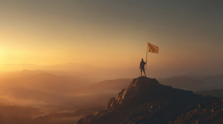 A lone figure stands triumphantly on a mountain peak at sunrise, holding a flag against a backdrop of stunning scenery, symbolizing achievement and exploration.の素材