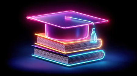 A vibrant neon illustration featuring a graduation cap resting atop a stack of books, symbolizing knowledge and educational achievement.の素材