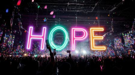 A vibrant concert scene displaying a large illuminated sign reading "HOPE" amidst a cheering crowd celebrating music and unity.の素材