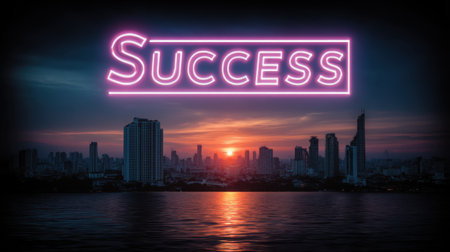 This image captures a stunning city skyline at sunset with a neon sign stating "Success." The vibrant colors reflect beautifully on the water, symbolizing hope and achievement.の素材