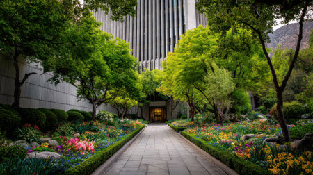 A picturesque urban garden pathway features vibrant flowers and lush trees, creating a peaceful retreat beneath a modern skyscraper. Perfect for serene moments.の素材
