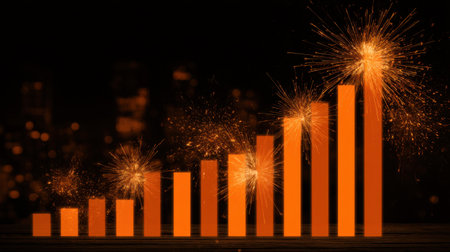 This vibrant image showcases an ascending bar chart with a fireworks effect, symbolizing business growth and celebration against a dark backdrop.の素材