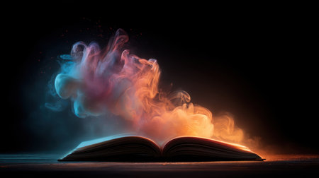 An enchanting scene featuring an open book from which colorful smoke flows, creating a magical and mysterious atmosphere in the dark.の素材