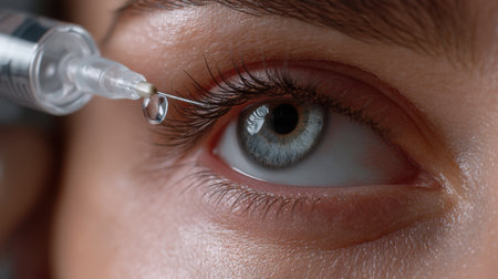 A detailed close-up image showing a syringe injecting a liquid into the eye area, highlighting a beauty treatment or medical procedure.の素材