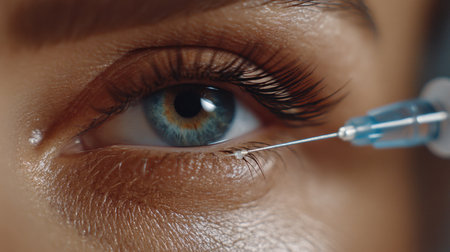 Close-up view of a human eye being prepared for an injection with a syringe. Focus on details, conveying themes of beauty treatment, aesthetics, and skincare enhancement.の素材