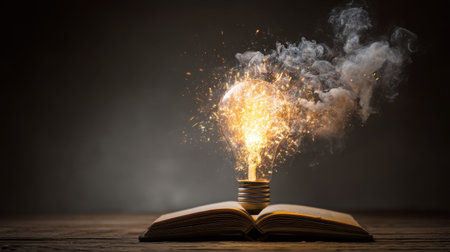 A captivating image depicting a light bulb radiating sparks above an open book, symbolizing creativity and inspiration, set in a dark environment.の素材