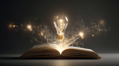 An open book displays a floating light bulb surrounded by sparkling elements, symbolizing the magic of knowledge and creativity in a dark atmosphere.の素材