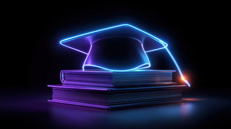 This modern illustration features a neon graduation cap glowing on top of stacked books, symbolizing educational achievement and future success.の素材