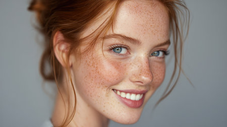A captivating portrait of a young woman with freckles and auburn hair, showcasing a genuine smile and soft features, evoking warmth and beauty.の素材
