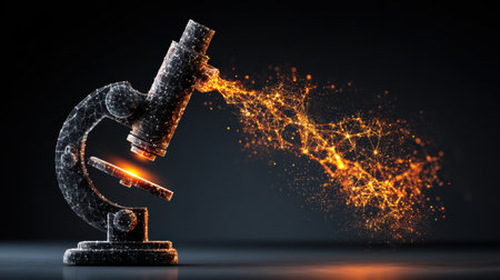 A stunning 3D render of a microscope with an energetic spark flowing from its lens, representing scientific discovery and innovation.の素材