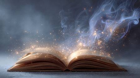 An open book with magical sparkles and ethereal smoke captures the imagination, evoking a sense of wonder and mystery in a dream-like setting.の素材