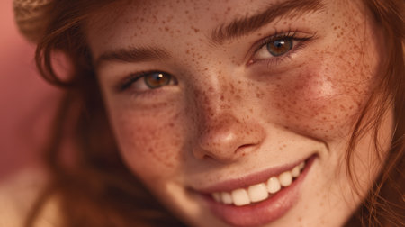 This close-up portrait captures a young girl with freckled skin and a bright smile, radiating warmth and joy in soft natural light.の素材