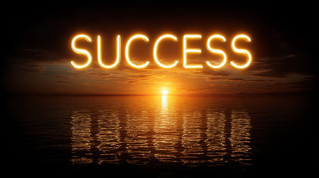 A serene sunset casts a warm glow over calm waters, reflecting the word "Success" in bright letters. This image inspires positive feelings and ambition.の素材