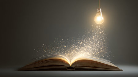 An open book emits a warm glow from a hanging light bulb above, surrounded by sparkling particles, symbolizing creativity and the power of knowledge.の素材