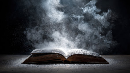 An enchanting open book rests against a dark backdrop, enveloped in mystical fog and sparkling dust, inspiring creativity and imagination.の素材