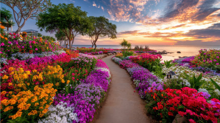 A stunning floral pathway guides the viewer toward a peaceful ocean at sunset. This vibrant landscape is filled with a variety of colorful flowers, highlighting the beauty of nature.の素材