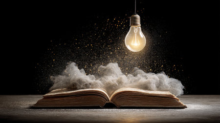 An enchanting view of an open book with a glowing light bulb suspended above, surrounded by swirling dust particles that evoke creativity and inspiration.の素材