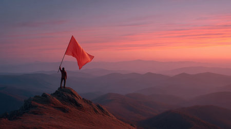 A solitary figure stands triumphantly atop a mountain peak, holding a vibrant red flag against a breathtaking sunrise backdrop, symbolizing adventure and freedom.の素材