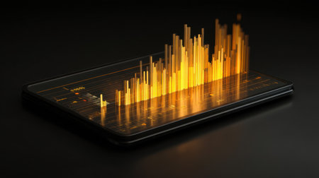 This striking image features a dynamic data visualization displayed on a sleek tablet. An impressive orange histogram rises from a dark background, capturing attention with its modern design and analytical focus.の素材